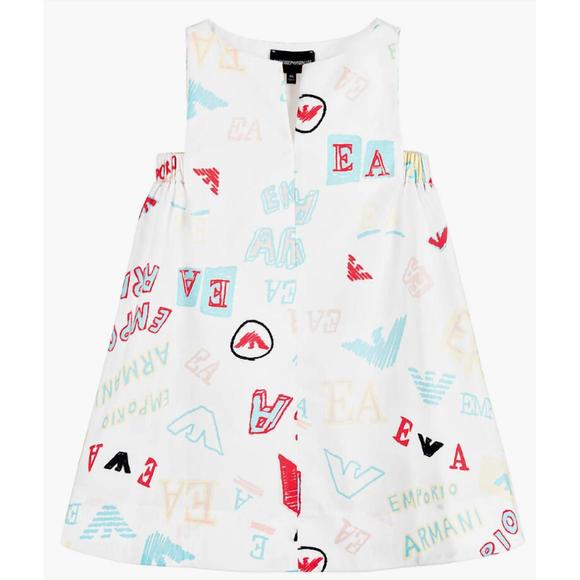 NEW ARMANI baby girl slvlss poplin dress with scribble in white
